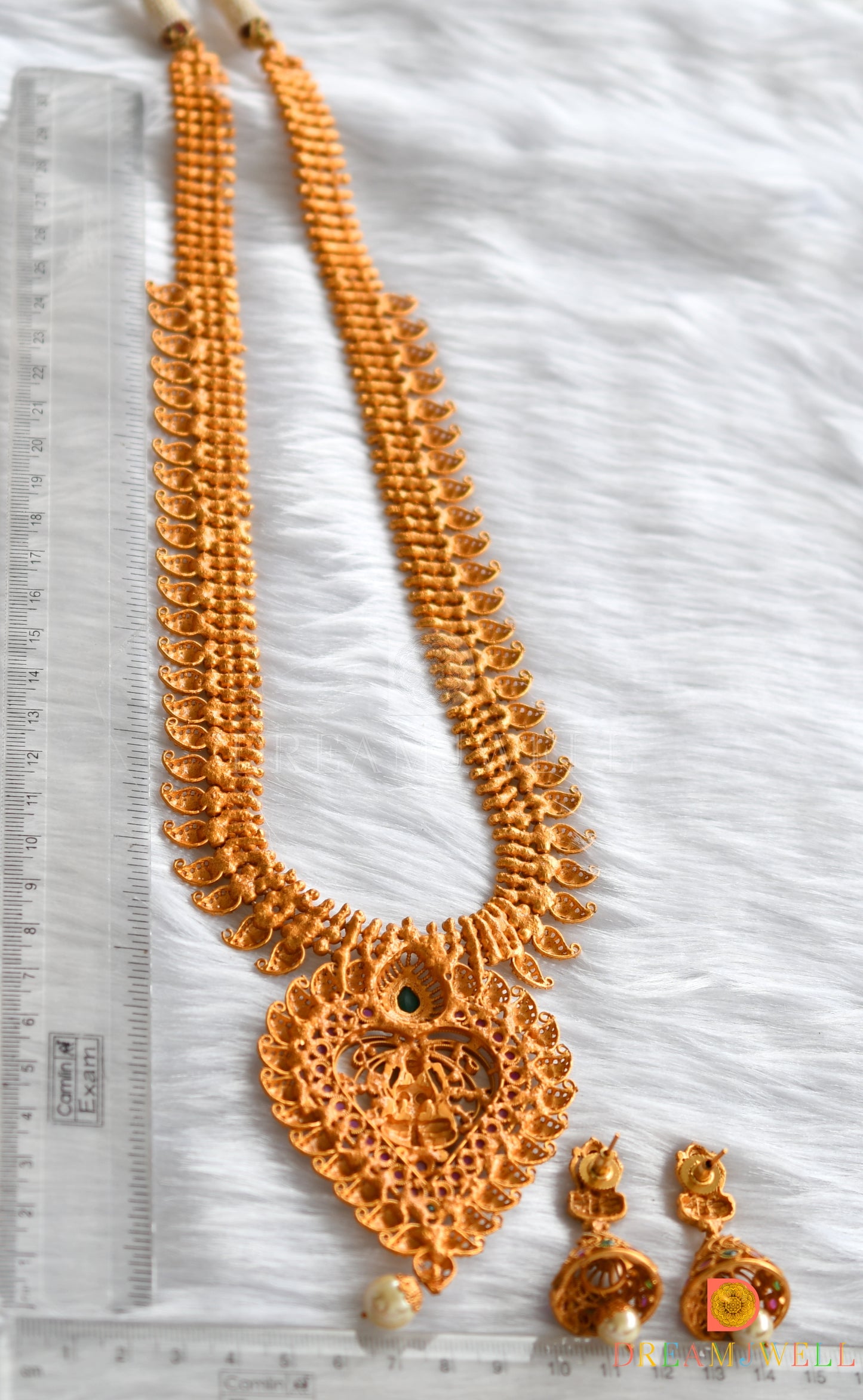 Matte finish ruby-emerald Lakshmi pendant bridal mango haar set dj-11513