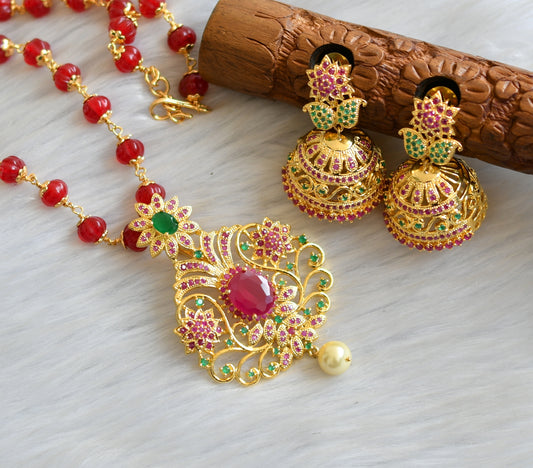 Gold tone ruby-green-white stone Pumpkin beads short haar set dj-41824