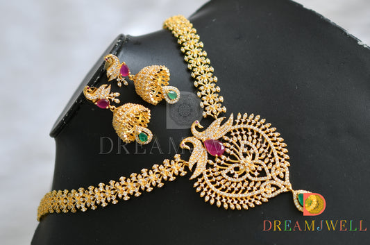 Gold tone cz-ruby-emerald peacock bridal haar set dj-05191