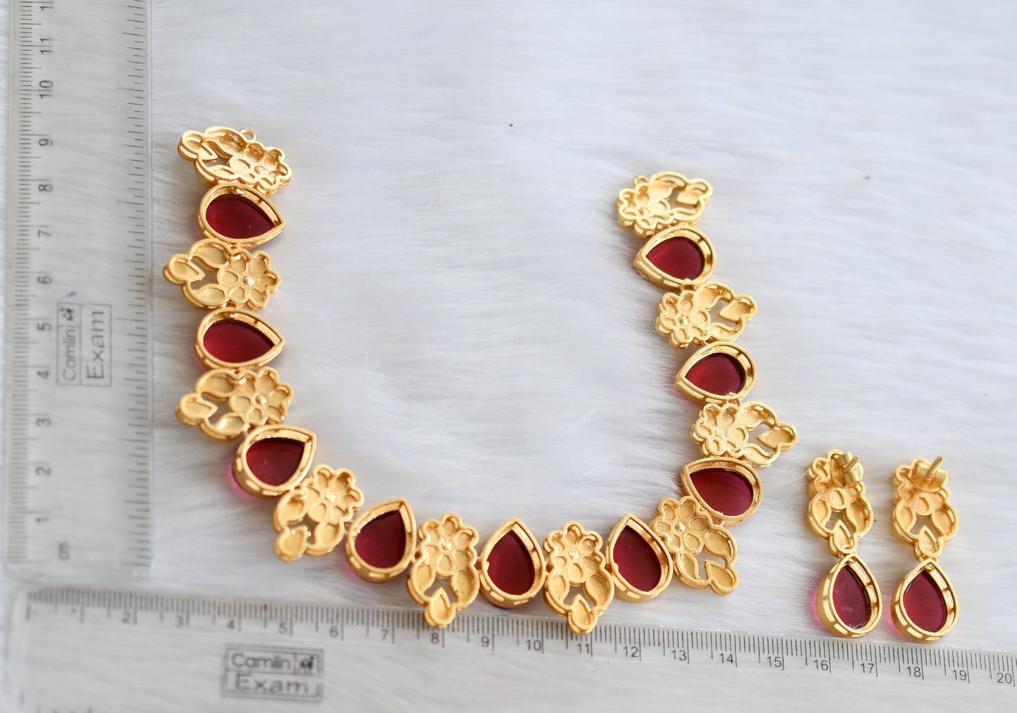 Gold tone red flower necklace set dj-39712