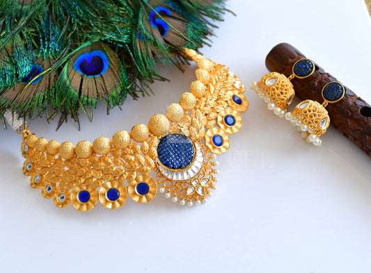 Royal 1 Gram Gold-plated Blue Kundan Bridal Choker Necklace Set dj-05027
