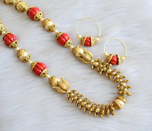 Matte finish pearl coral pumpkin beads necklace set dj-41826
