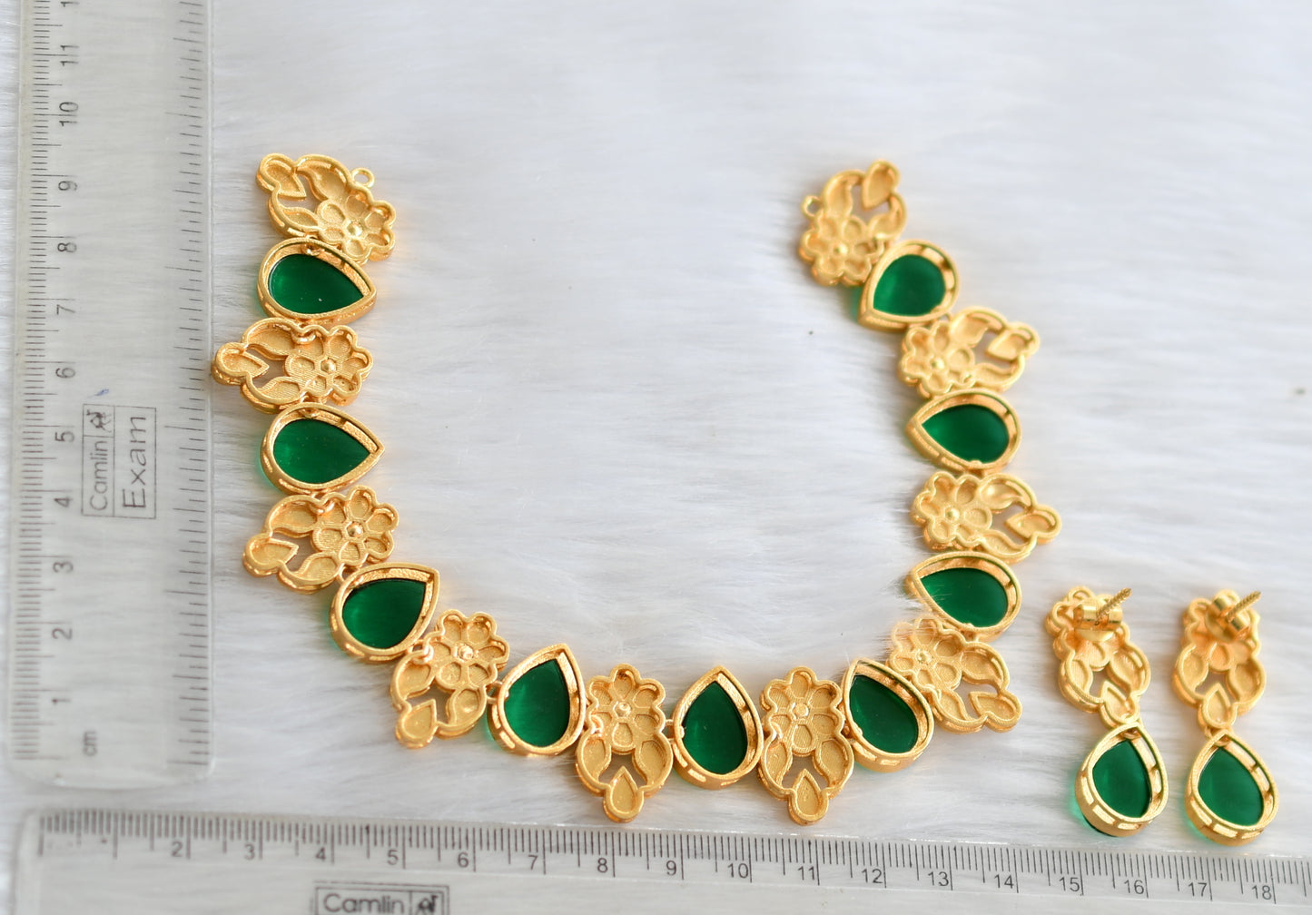Gold tone green flower necklace set dj-39716