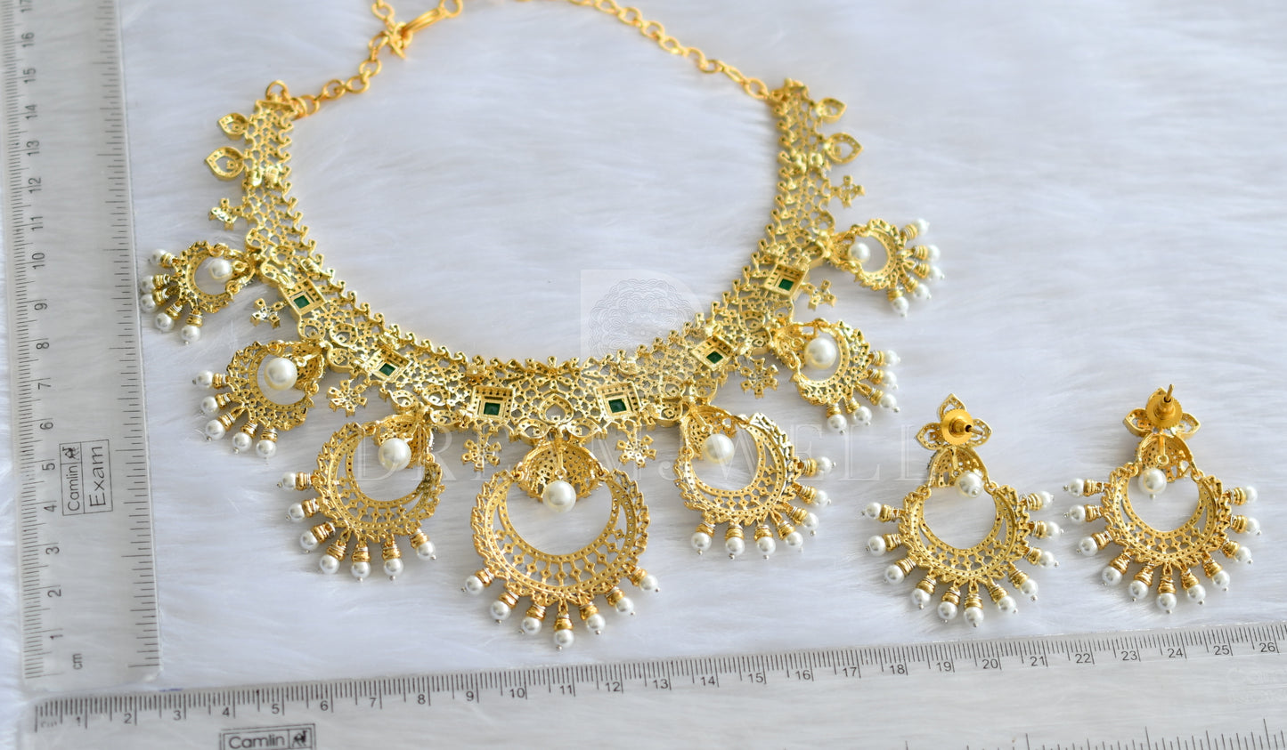 Two tone cz white-emerald diamond look alike pearl designer necklace set dj-34453
