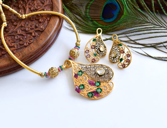 Antique gold pink-green meenakari Hasli necklace set dj-04976