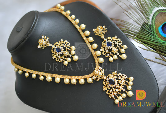 Gold tone cz-dark blue-white pearl necklace set dj-01666