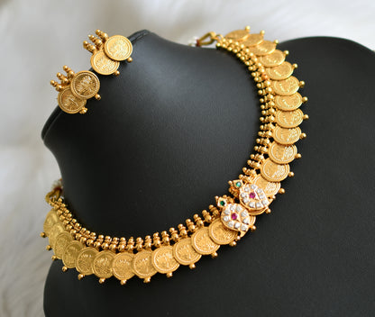 Gold tone pink-green-white stone mango Lotus coin necklace set dj-41830