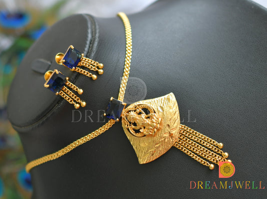 Gold tone square blue stone Lakshmi necklace set dj-38201
