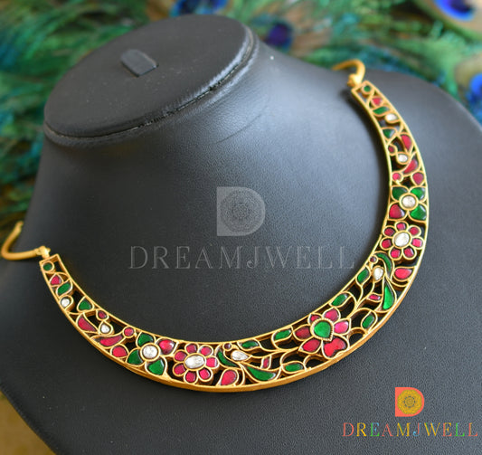 Matte finish pink-green-white kundan jadau Lotus kante necklace dj-36682