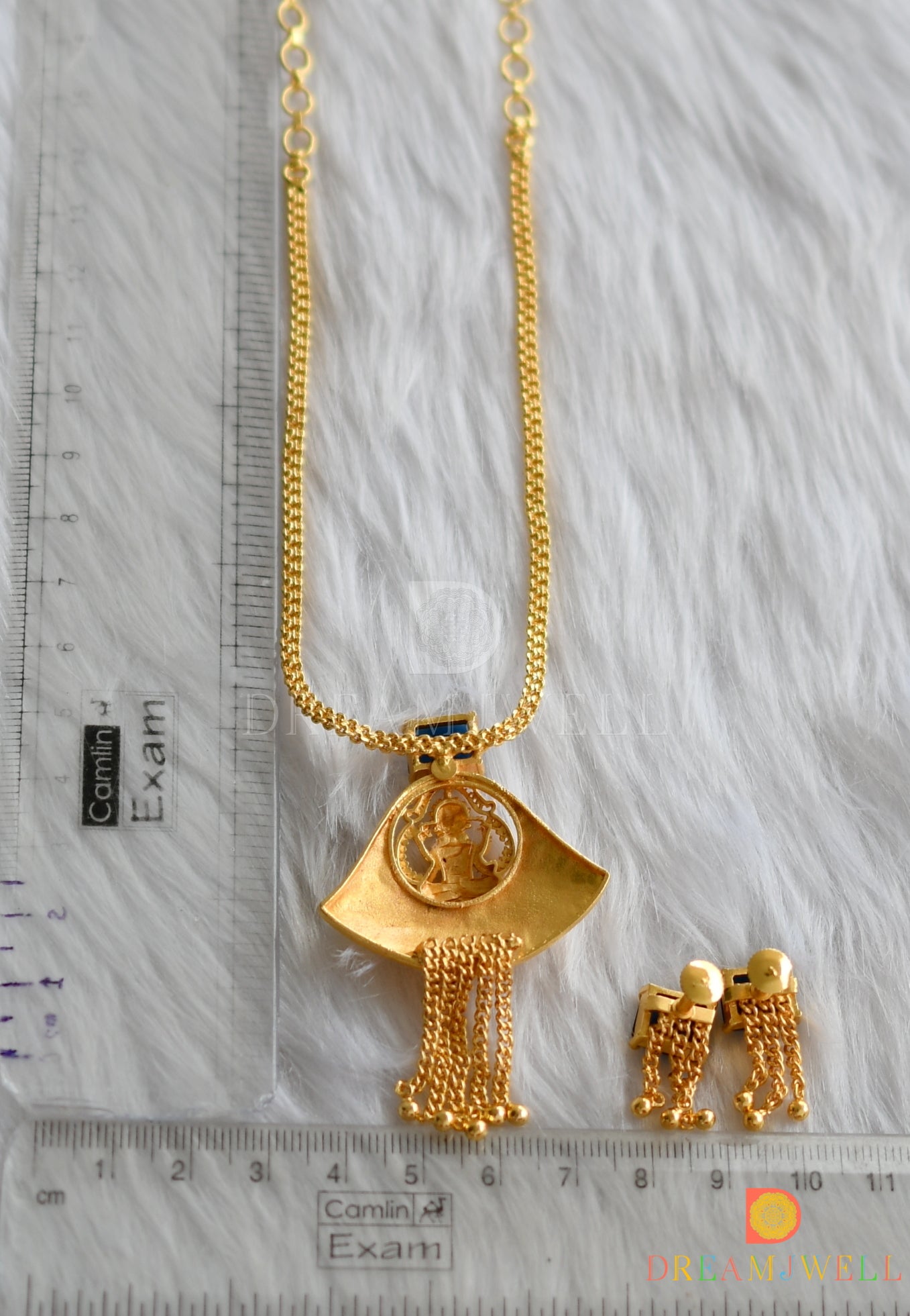 Gold tone square bottle green stone Lakshmi necklace set dj-38202