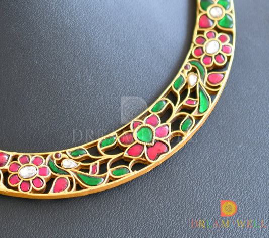 Matte finish pink-green-white kundan jadau Lotus kante necklace dj-36682