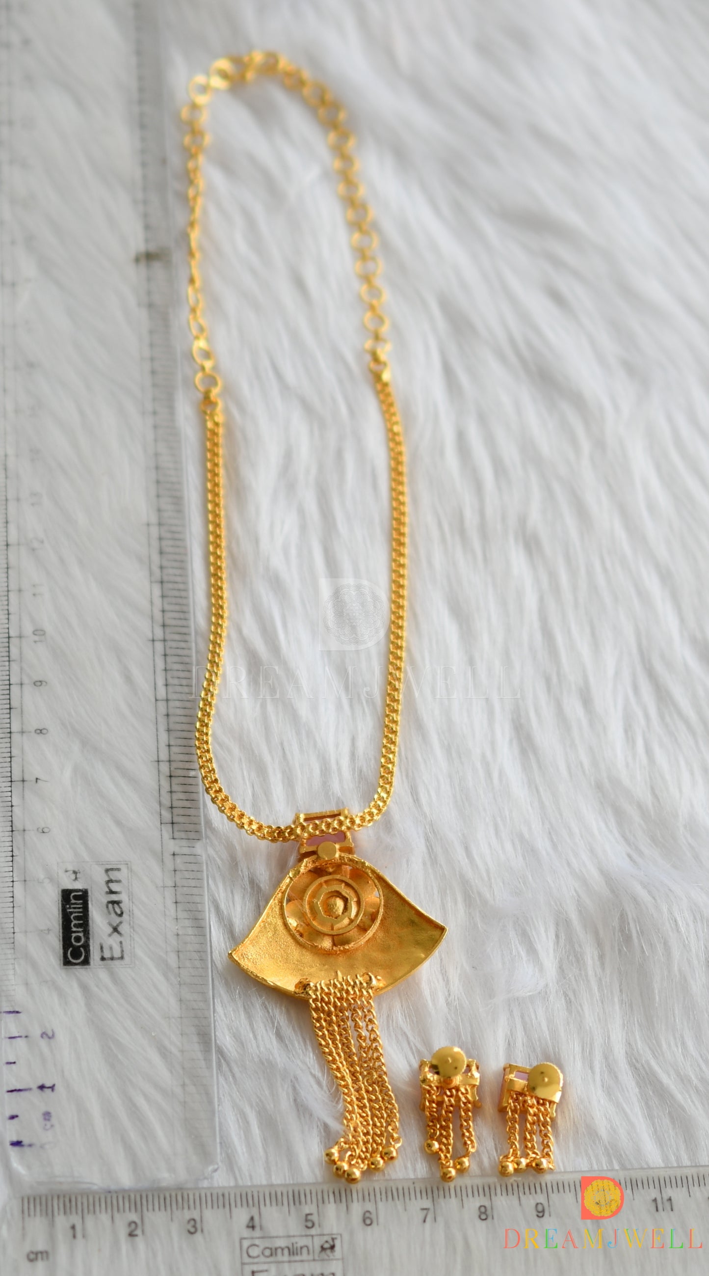 Gold tone baby pink square stone flower necklace set dj-38204