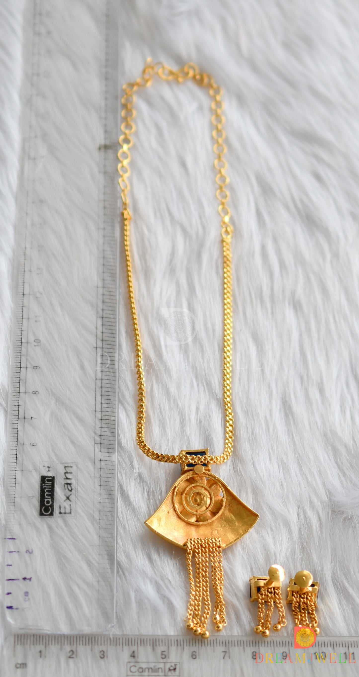 Gold tone blue square stone flower necklace set dj-38206