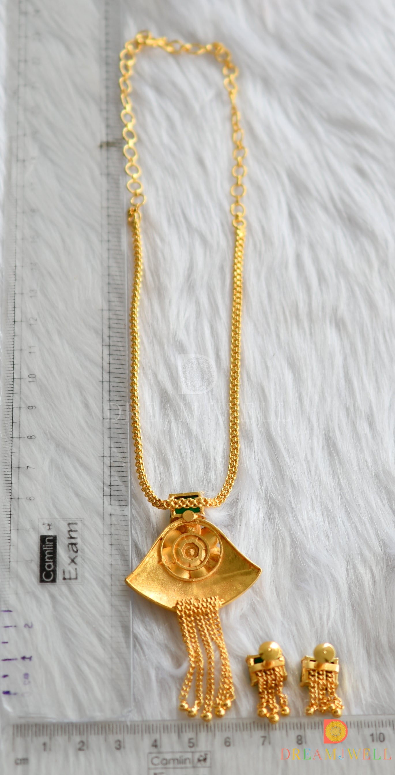 Gold tone bottle green square stone flower necklace set dj-38207