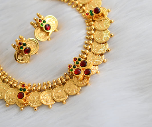 Gold tone kemp-green mango Lotus coin necklace set dj-39717