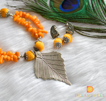 Silver tone leaf pendant yellow silk thread beads necklace set dj-37455