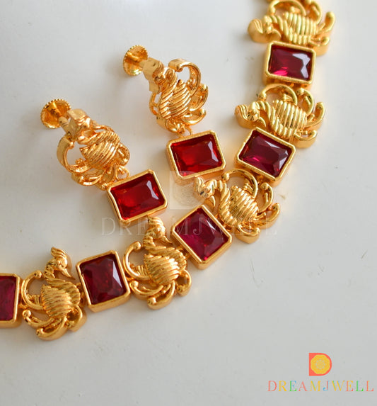 Gold tone Red block stone swan sufi necklace set dj-38198