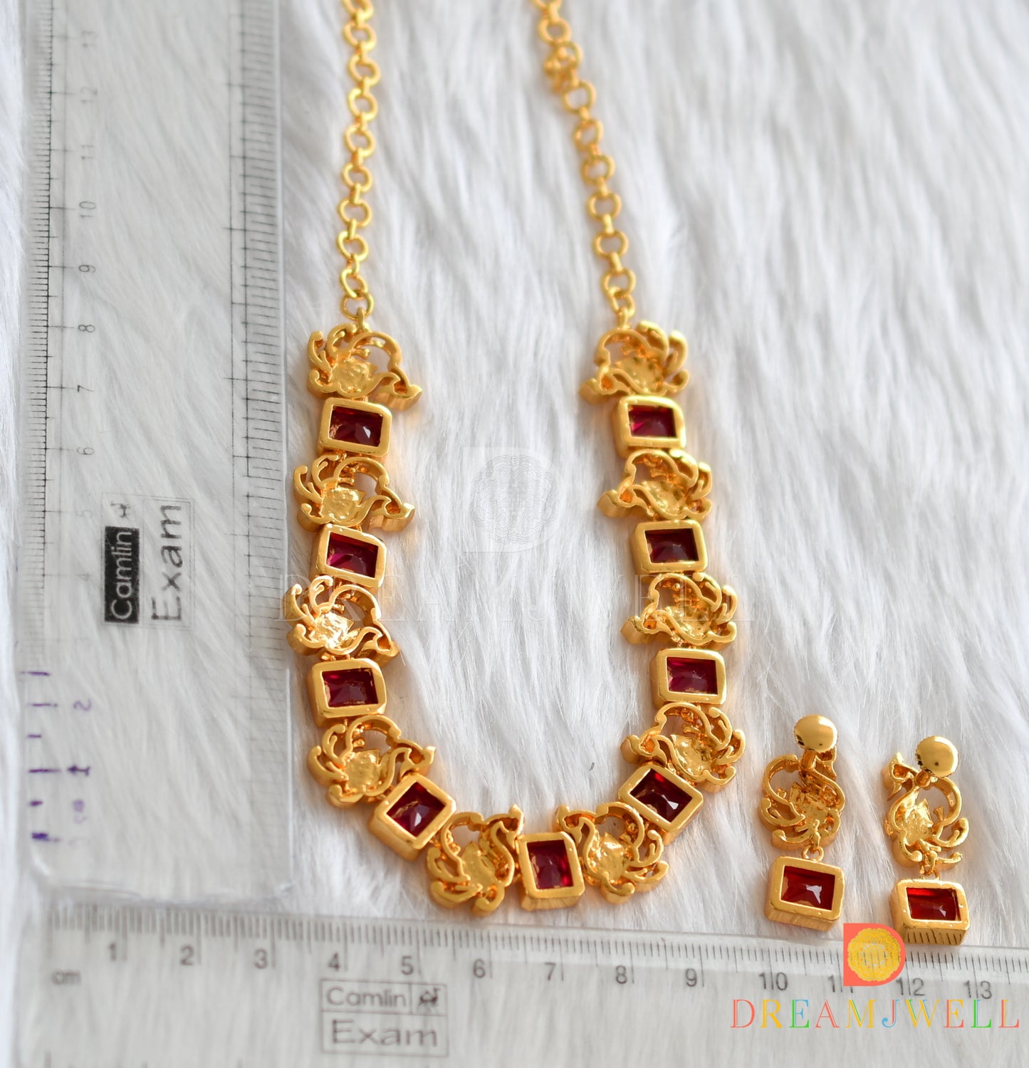 Gold tone Red block stone swan sufi necklace set dj-38198