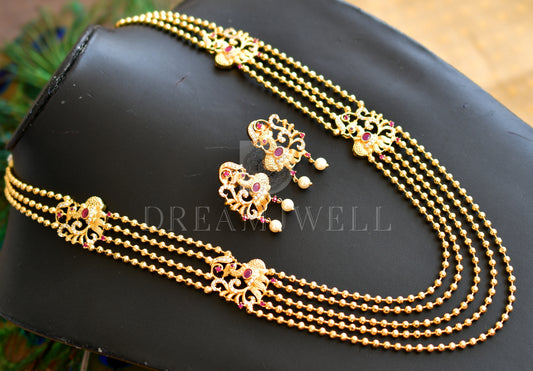 Gold tone Multilayer Cz-ruby Peacock Mugappu Necklace Set dj-11566