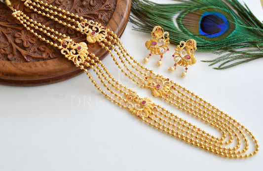 Gold tone Multilayer Cz-ruby Peacock Mugappu Necklace Set dj-11566