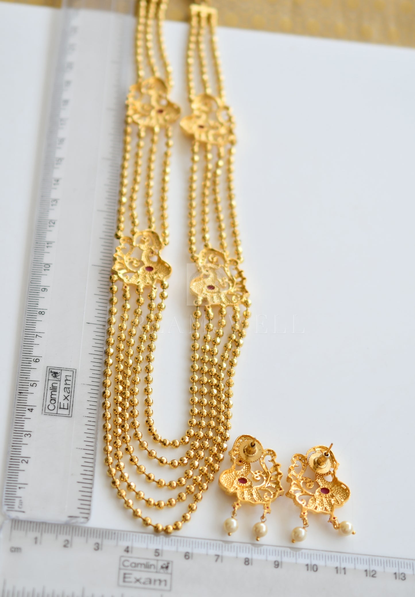 Gold tone Multilayer Cz-ruby Peacock Mugappu Necklace Set dj-11566