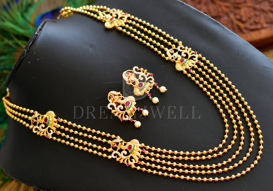 Gold tone Multilayer Cz Ruby-emerald Peacock Mugappu Necklace Set dj-11567