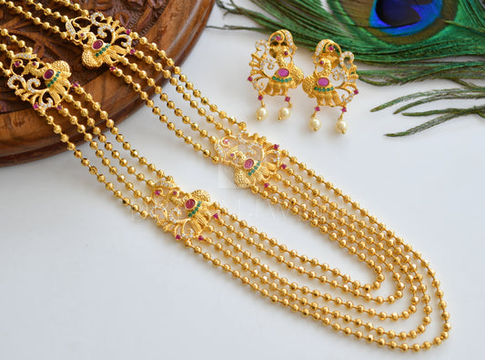 Gold tone Multilayer Cz Ruby-emerald Peacock Mugappu Necklace Set dj-11567