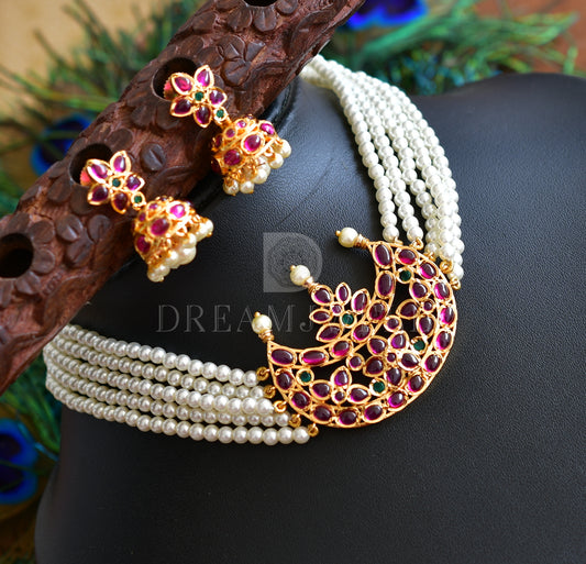 Gold Tone Kemp-green Moon Pearl Choker Necklace Set dj-27196