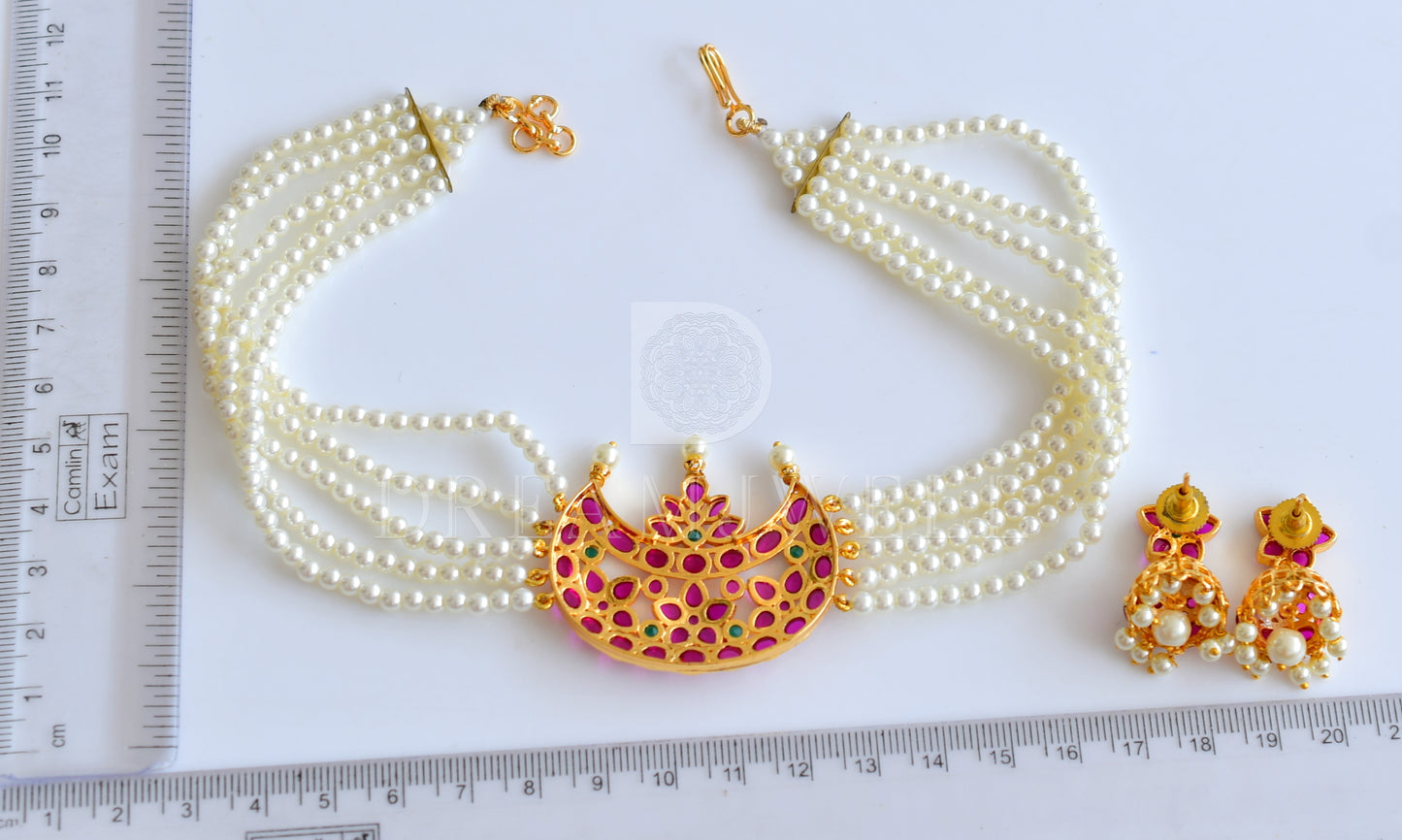 Gold Tone Kemp-green Moon Pearl Choker Necklace Set dj-27196