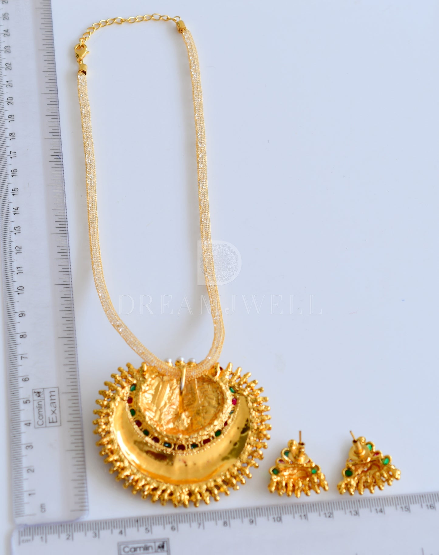 Antique Gold Tone Kemp-green Pearl Big Lakshmi Pendant Necklace Set dj-11290