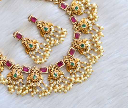 Matt finish ruby-green peacock gutta pusalu necklace set dj-31635
