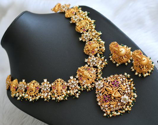 Matte finish ruby-emerald-white Dasavathar necklace set dj-34243