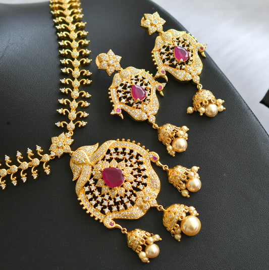 Gold tone cz -ruby peacock royal bridal necklace set dj-02921