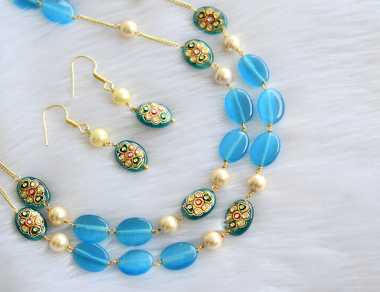 Gold tone sky blue double layer meenakari monalisa beaded pearl chain dj-29880