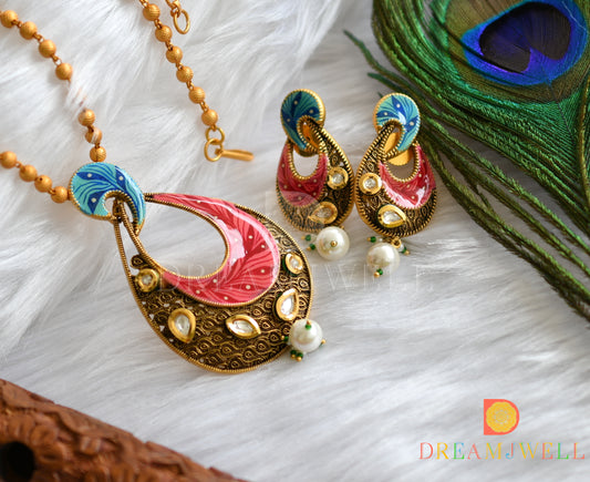 Matte finish kundan white-pink-blue hand painted pendant set dj-37464