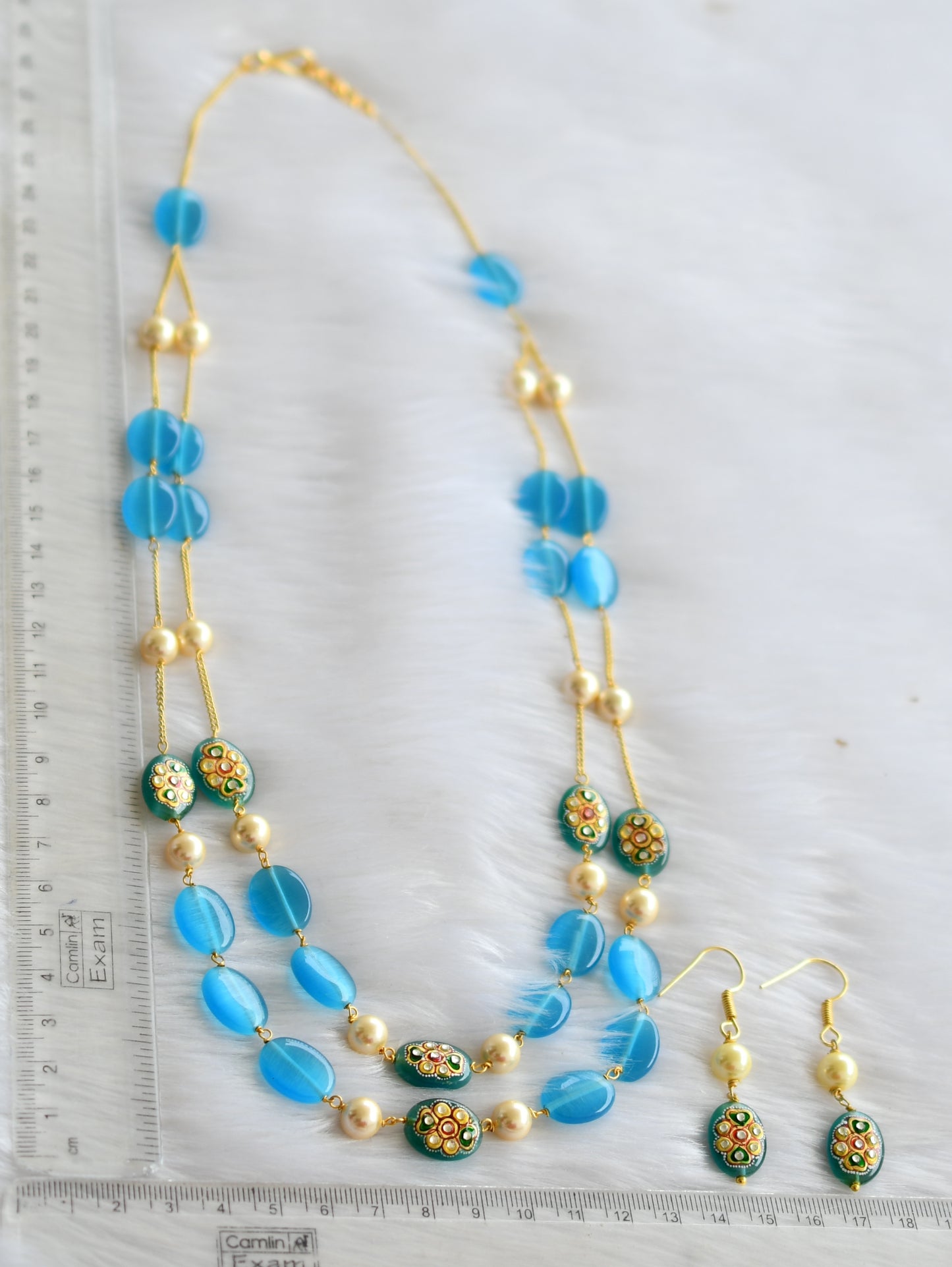 Gold tone sky blue double layer meenakari monalisa beaded pearl chain dj-29880