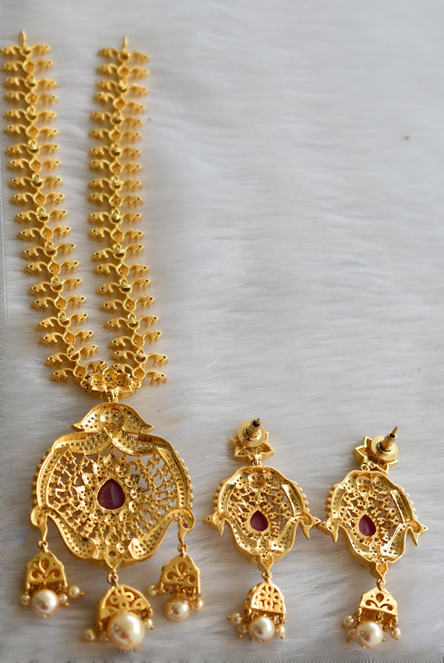 Gold tone cz -ruby peacock royal bridal necklace set dj-02921
