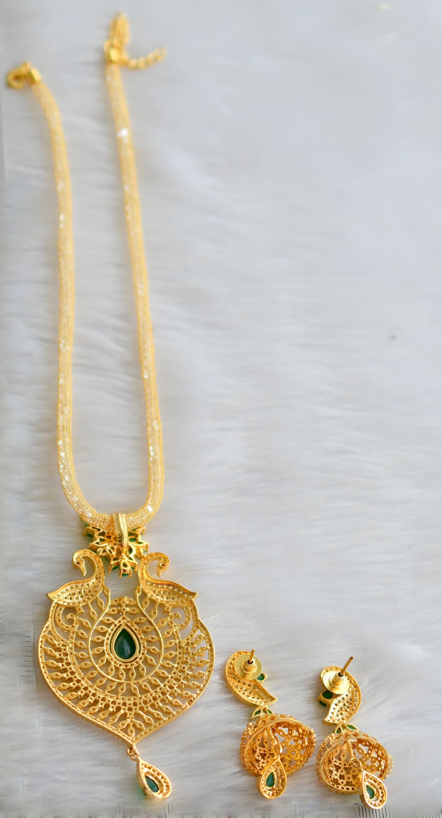 Gold tone cz-emerald peacock pendant set dj-02958