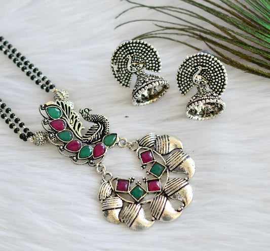 Silver tone ruby-green peacock mangalsutra set dj-19895