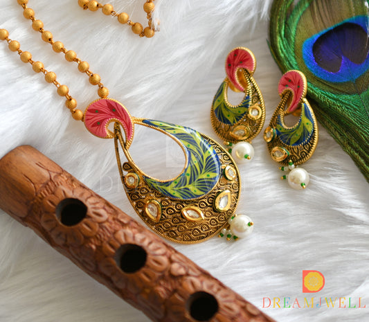 Matte finish kundan white-pink-blue-green hand painted pendant set dj-37468