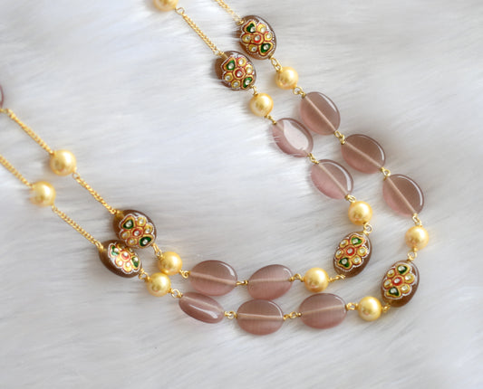 Gold tone pink double layer monalisa meenakari beaded Chain dj-29878