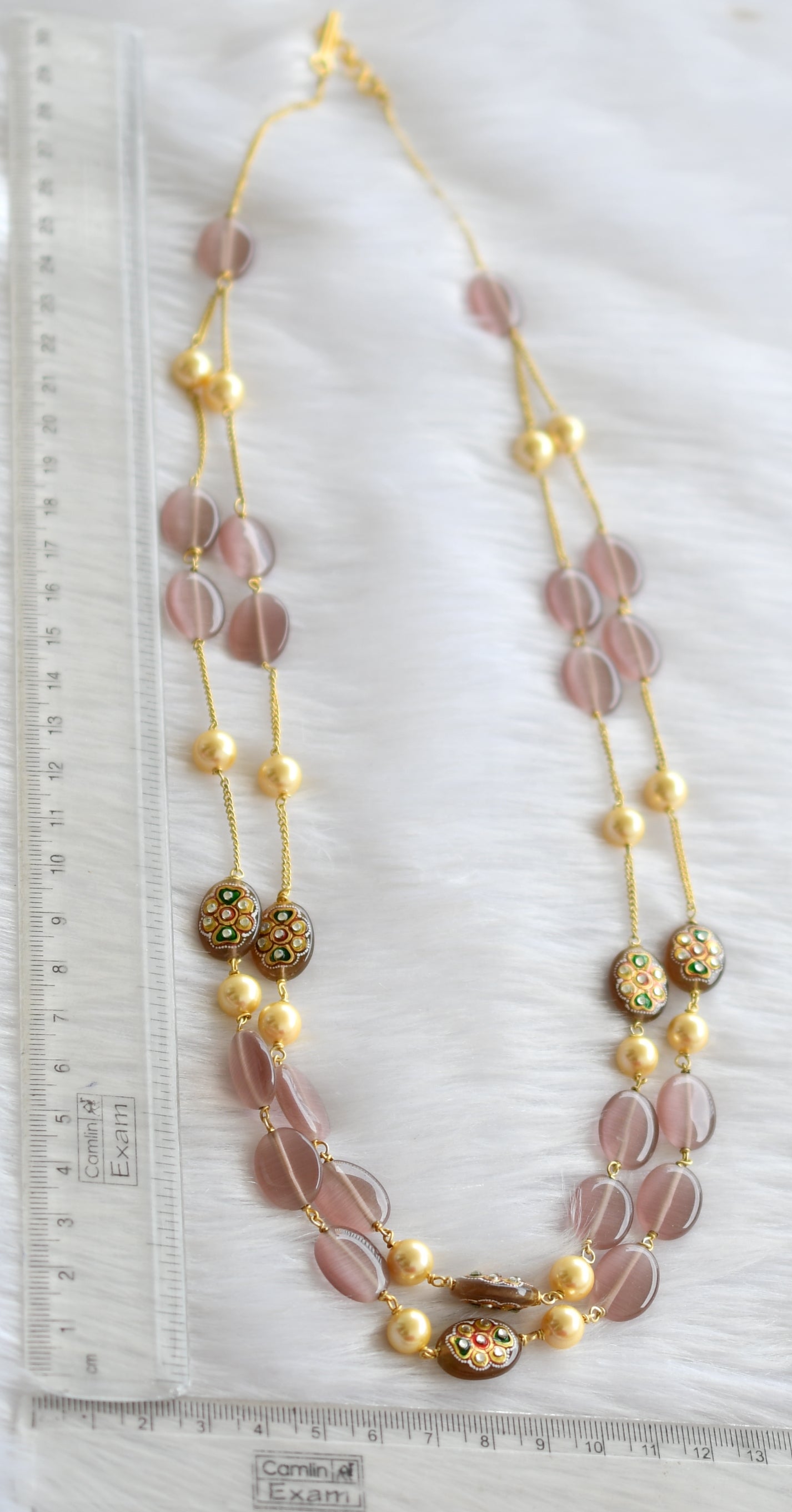 Gold tone pink double layer monalisa meenakari beaded Chain dj-29878