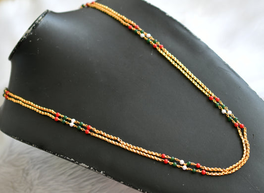 Gold tone double layer coral-green-pearl chain dj-34020