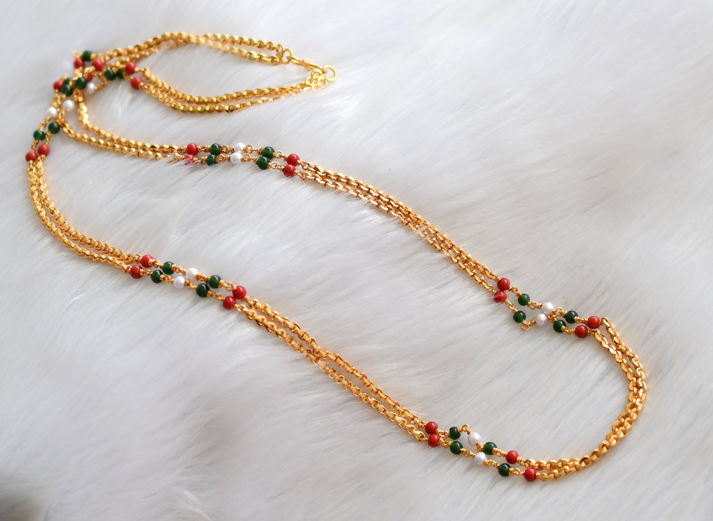 Gold tone double layer coral-green-pearl chain dj-34020