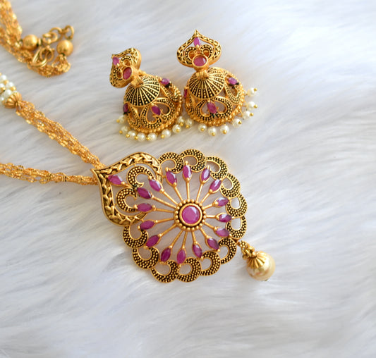 Antique gold tone ruby-pearl necklace/chain set dj-12103