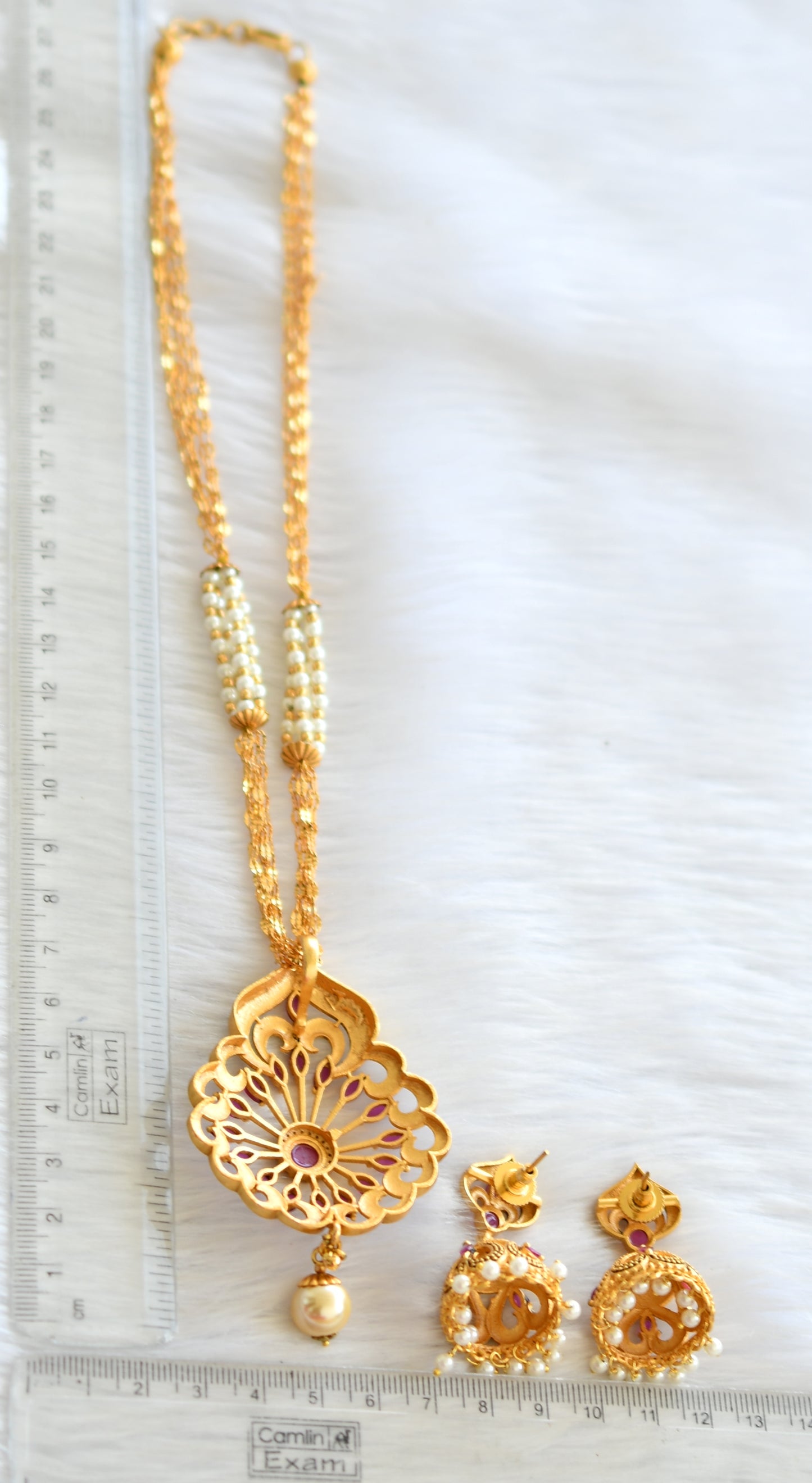 Antique gold tone ruby-pearl necklace/chain set dj-12103