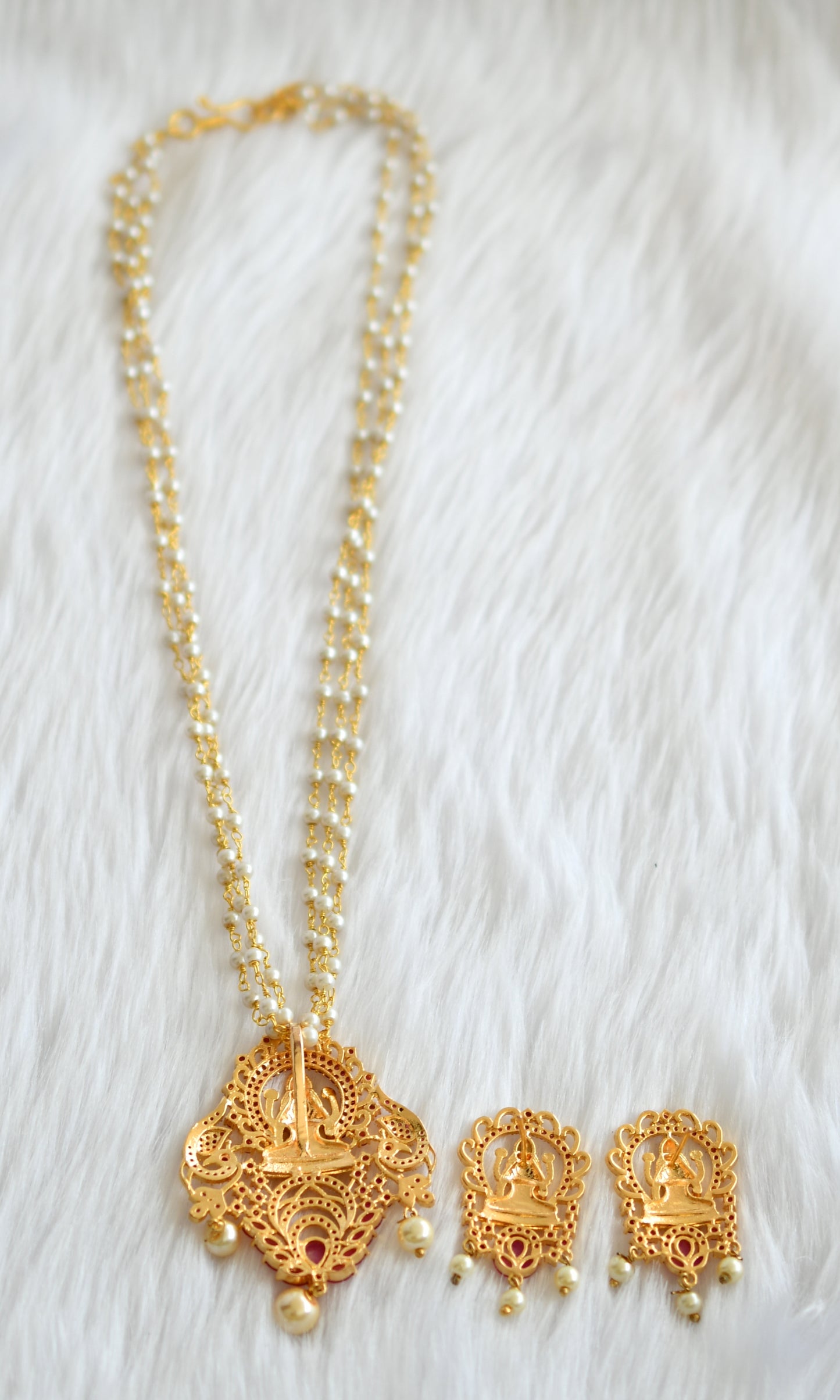 Gold Tone Cz ruby pearl Lakshmi necklace set dj-02130