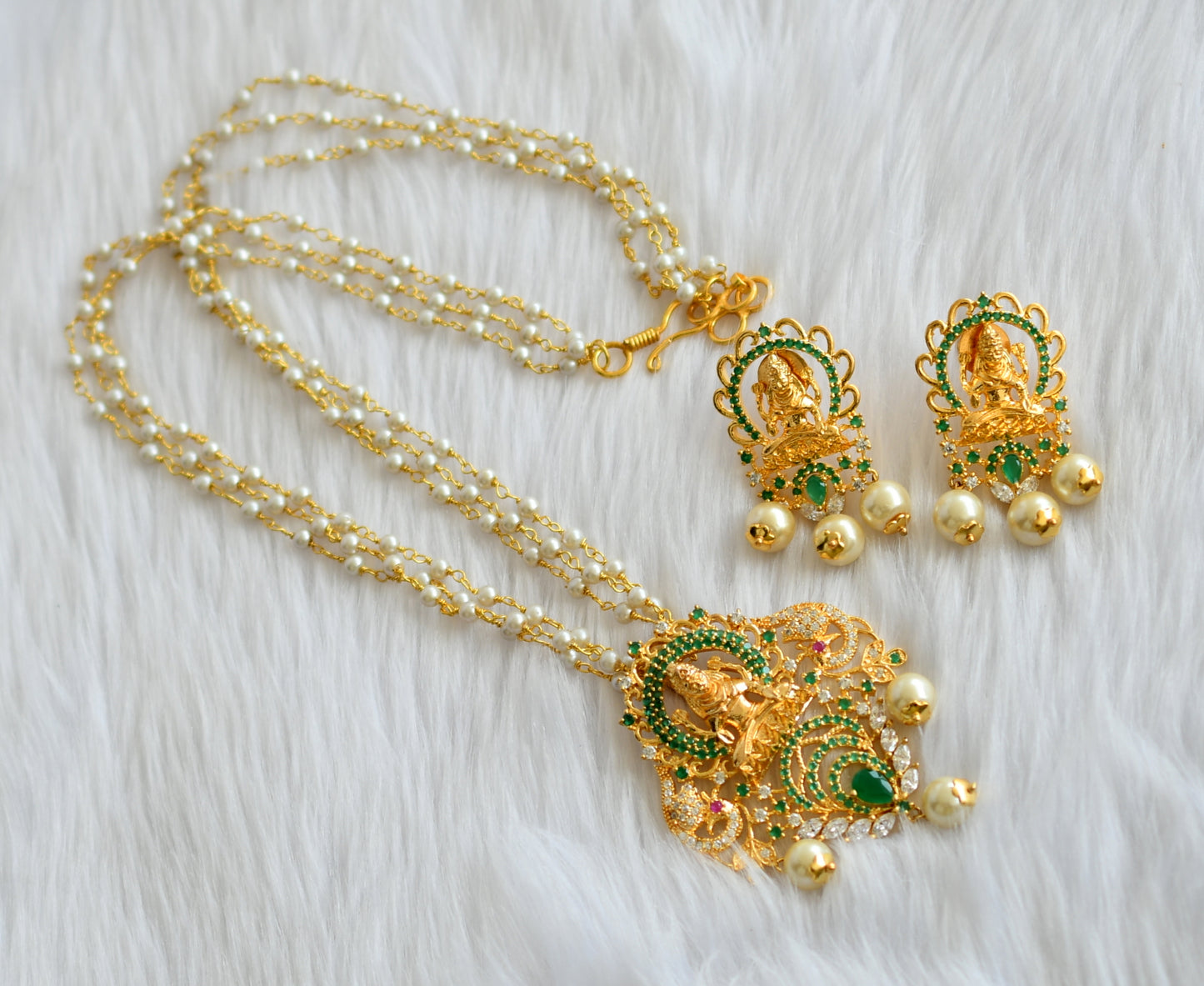 Gold tone Cz green Lakshmi necklace set dj-02133