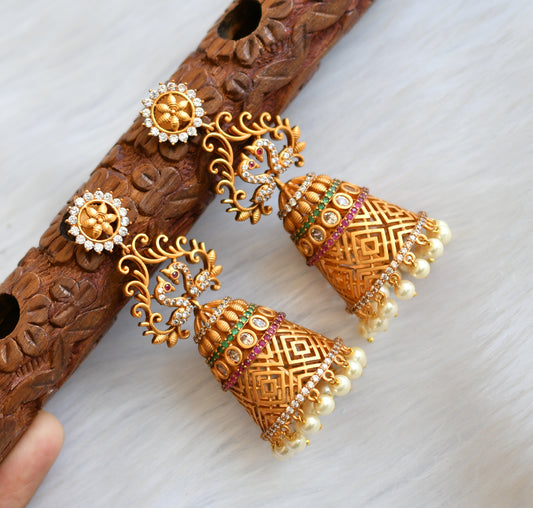 Matte finish cz ruby-green pearl peacock jhumkka dj-10701