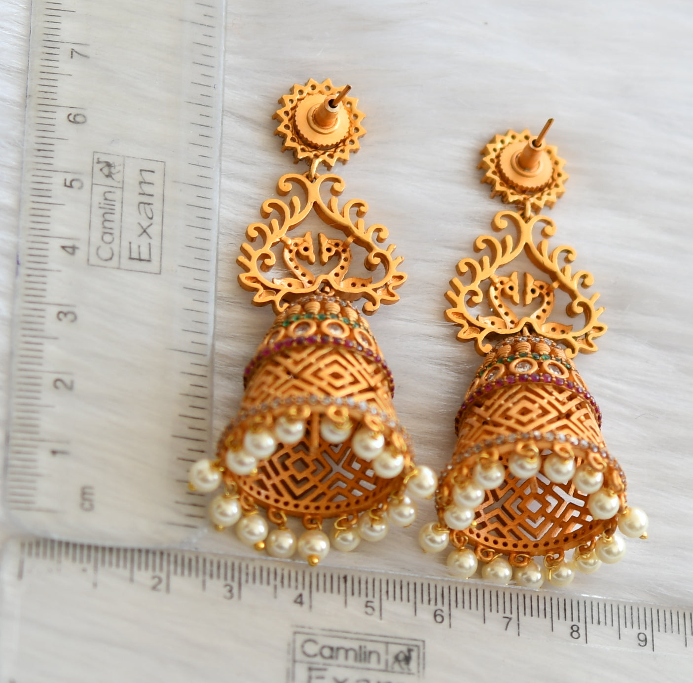 Matte finish cz ruby-green pearl peacock jhumkka dj-10701